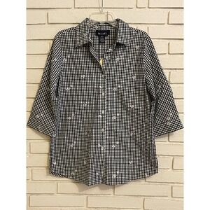 New‎ Demin & Co. Black & White Check Button up Embroidered 3/4 Sleeve Top Sz Sm